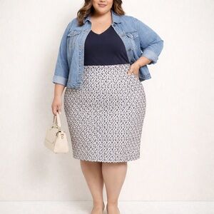 CJ Banks Size 24 Quilted Cotton Pencil Skirt Plus Navy Blue & White